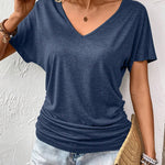 Women Summer Solid Color V-Neck Short Sleeve Casual T-Shirt