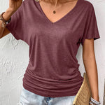 Women Summer Solid Color V-Neck Short Sleeve Casual T-Shirt