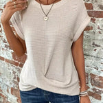 Short-sleeved Waffle T-shirt Summer New Solid Color Crew Neck Top For Womens Clothing